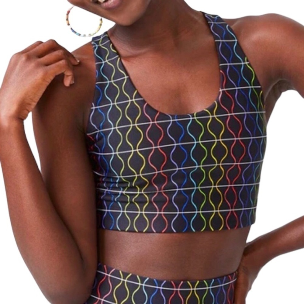 Terez Racerback Sports Bra Size Large Black Rainbow Sound Waves Scoop Neck